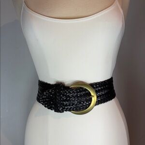 Anthropologie Braided Leather Elastic Waist Belt Black Brass Buckle XS/S Boho